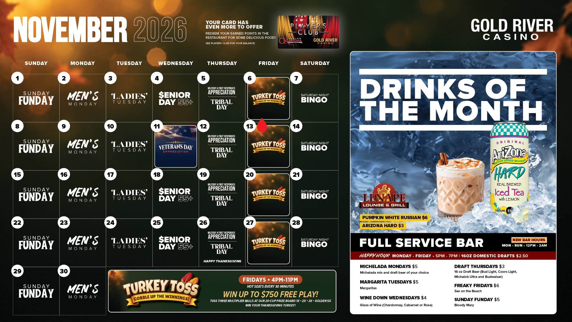 Gold River Casino November 2026 promotions calendar featuring Turkey Toss Fridays, Veterans Day Appreciation, weekly gaming promotions, and drink specials at Lenape Lounge & Grill.